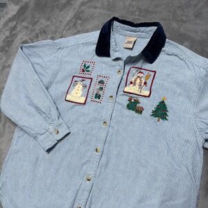 High Sierra Shirt Womens L Blue Snowman Christmas Holiday Velvet Collar Striped